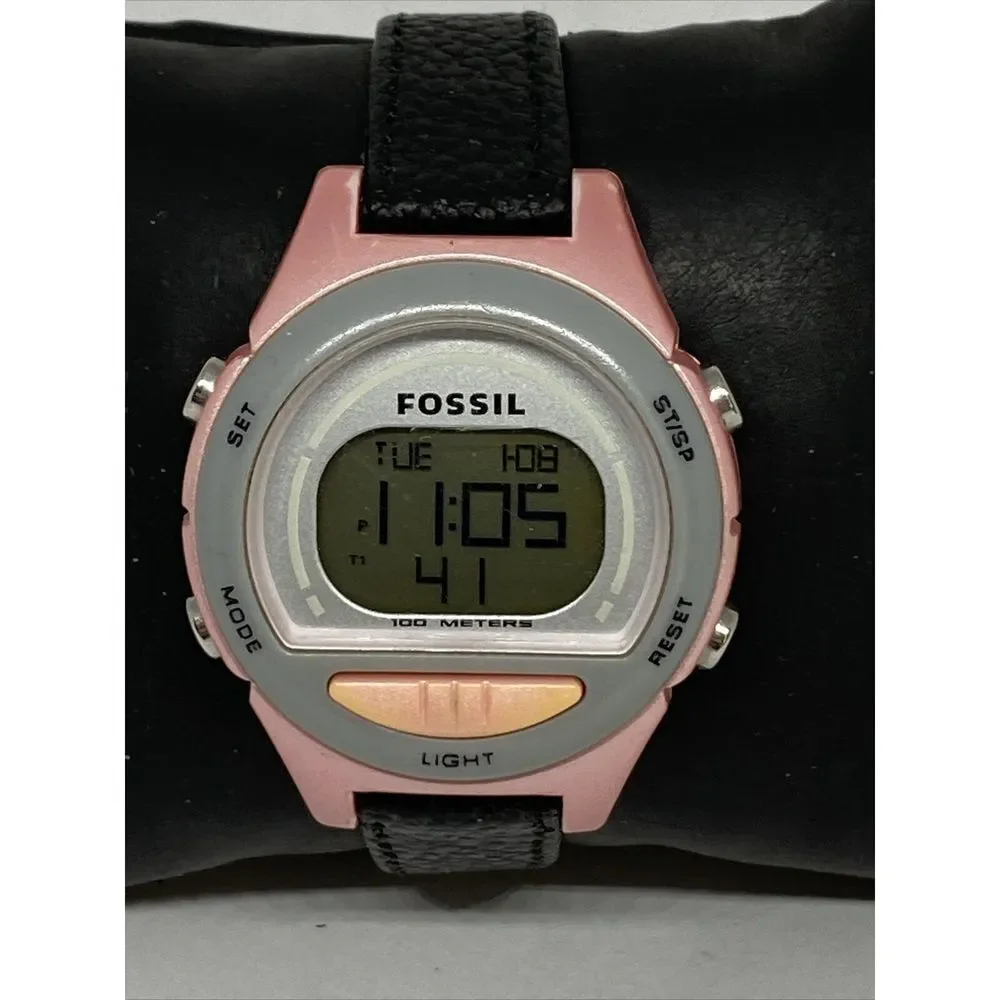 Fossil DQ1166 Women's Black Leather Digital Gray Dial Quartz Genuine Watch LJ311